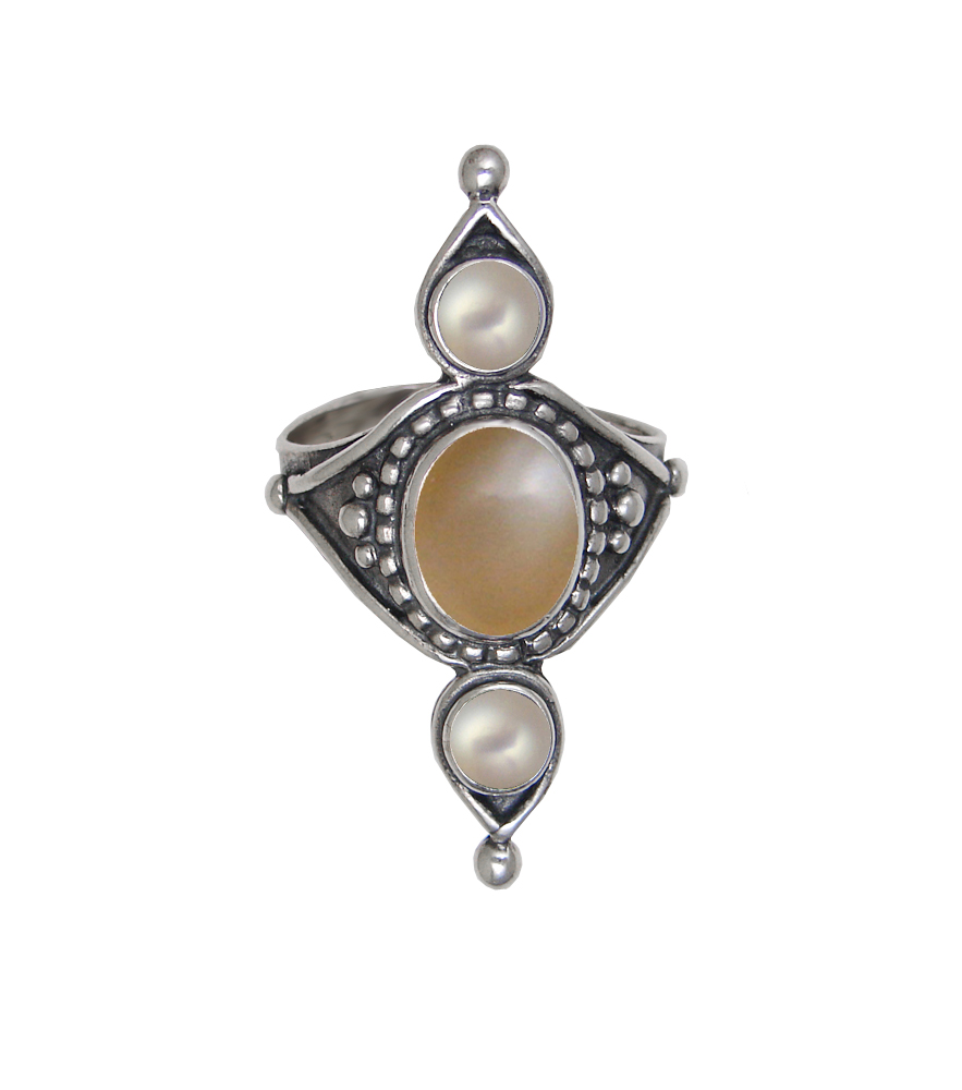 Sterling Silver Royal Ring With Peach Moonstone And Cultured Freshwater Pearl Size 9